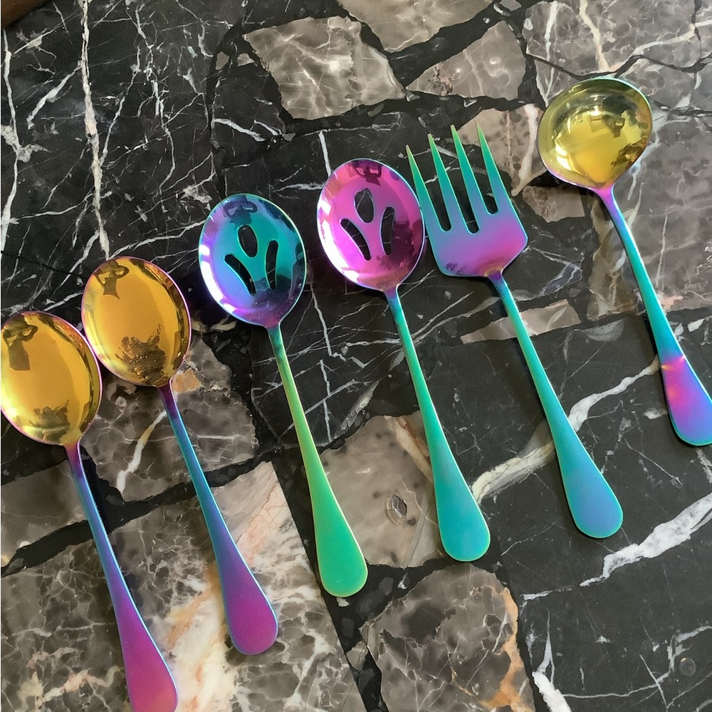 6 piece large oil slick rainbow stainless steel serving utensil set